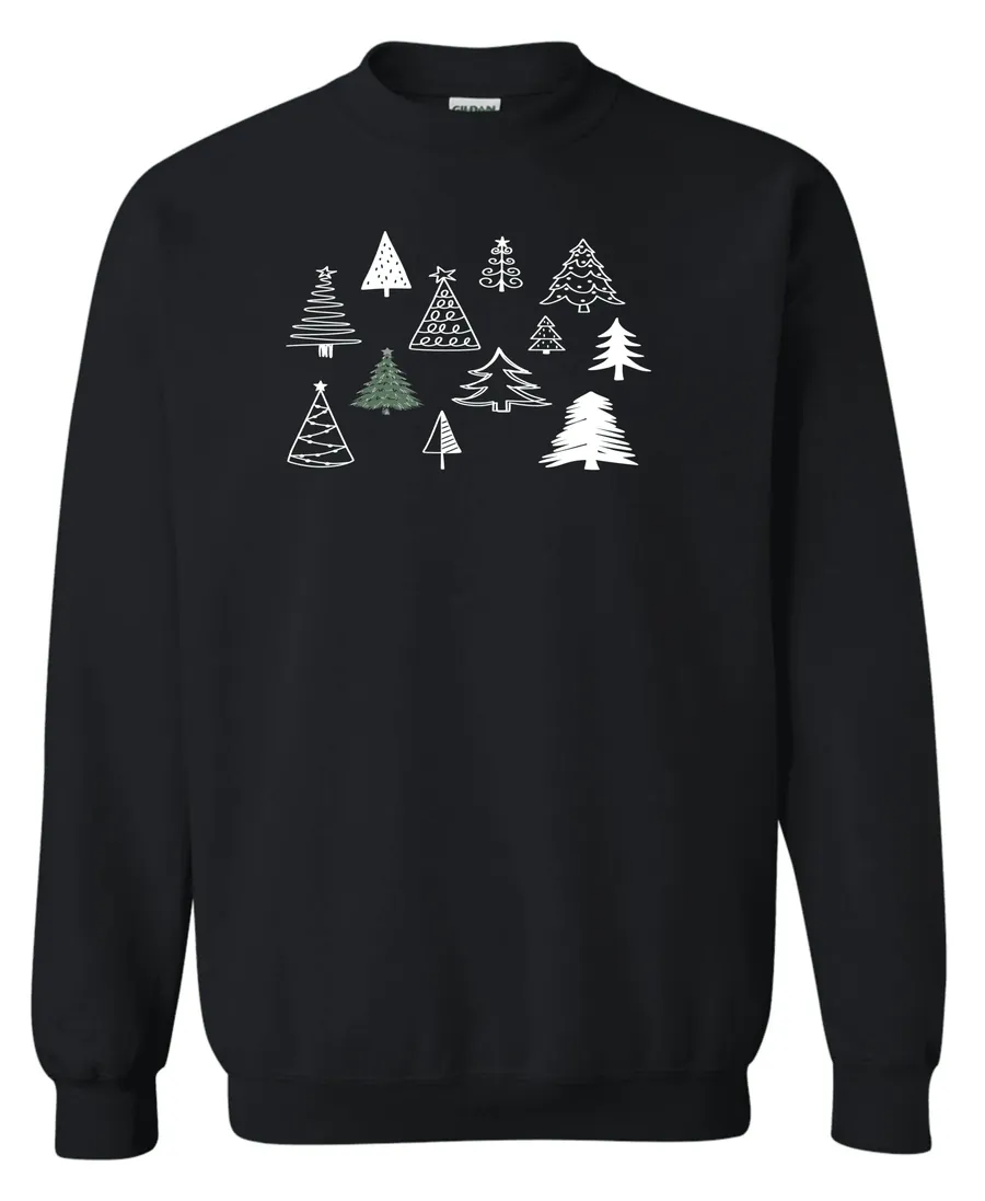 black christmas sweatshirt featuring twelve different christmas trees