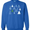 blue christmas sweatshirt featuring twelve different christmas trees