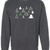 gray christmas sweatshirt featuring twelve different christmas trees
