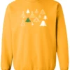 gold christmas sweatshirt featuring twelve different christmas trees