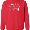 red christmas sweatshirt featuring twelve different christmas trees