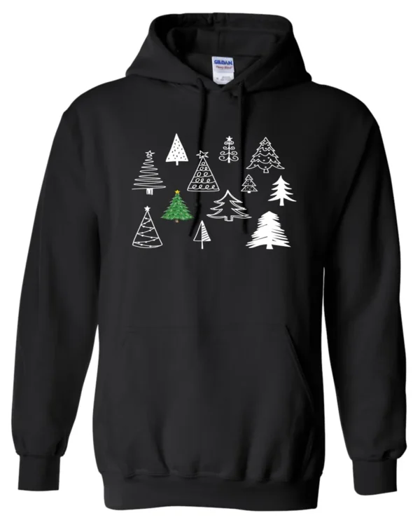 black christmas hoodie featuring twelve different christmas trees