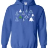 blue christmas hoodie featuring twelve different christmas trees