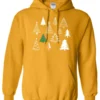 gold christmas hoodie featuring twelve different christmas trees