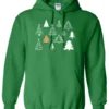 green christmas hoodie featuring twelve different christmas trees