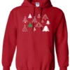 red christmas hoodie featuring twelve different christmas trees