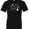 black christmas t- shirt featuring twelve different christmas trees