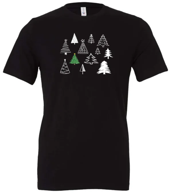 black christmas t- shirt featuring twelve different christmas trees