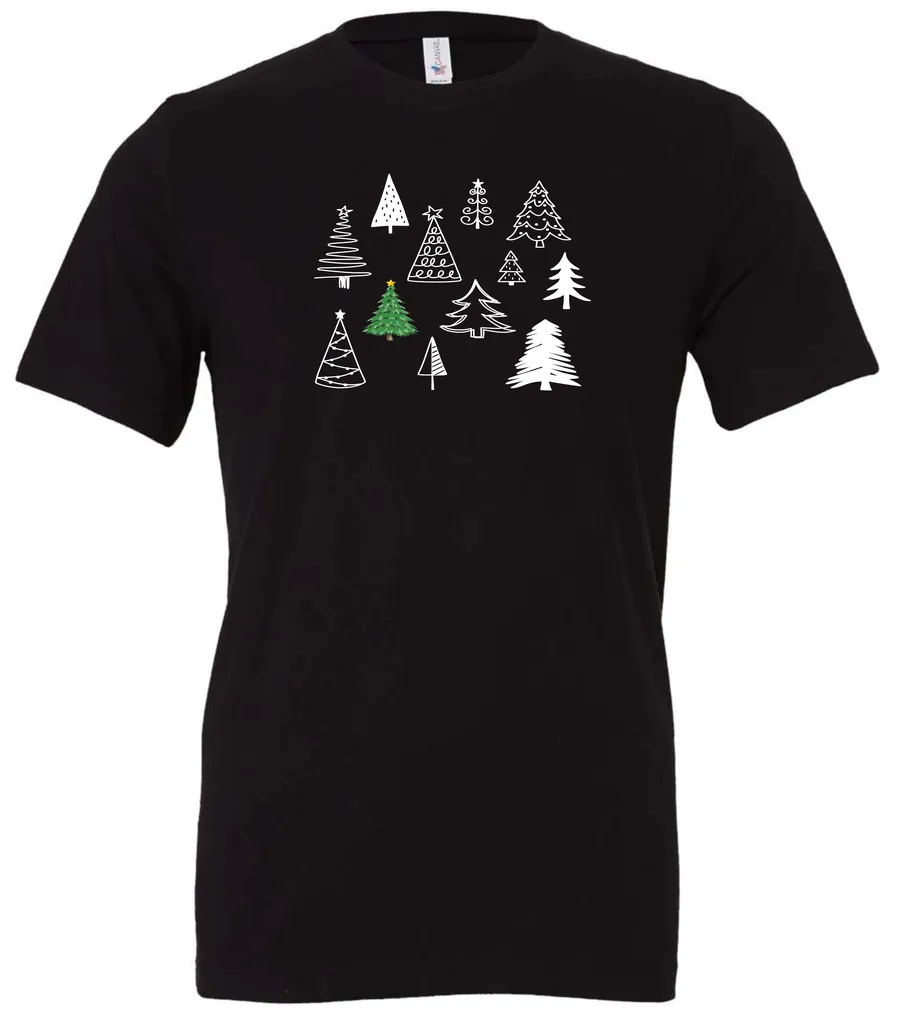 black christmas t- shirt featuring twelve different christmas trees