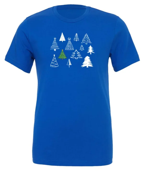 blue christmas t- shirt featuring twelve different christmas trees