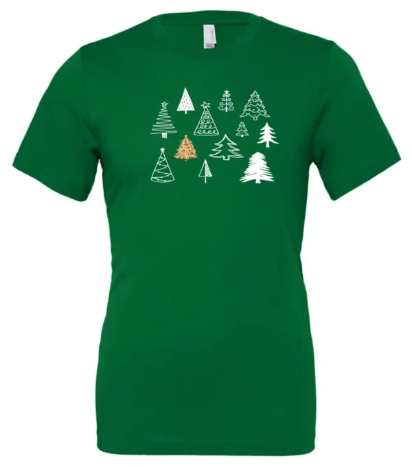 green christmas t- shirt featuring twelve different christmas trees