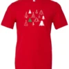 red christmas t- shirt featuring twelve different christmas trees