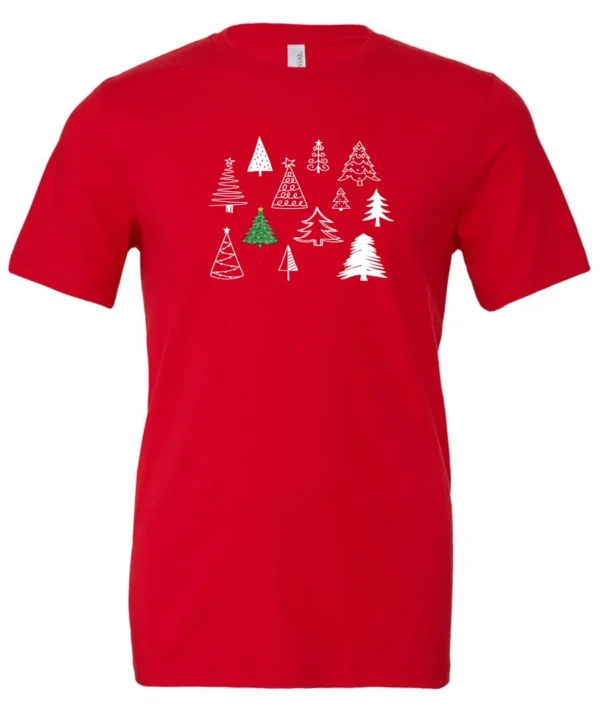 red christmas t- shirt featuring twelve different christmas trees
