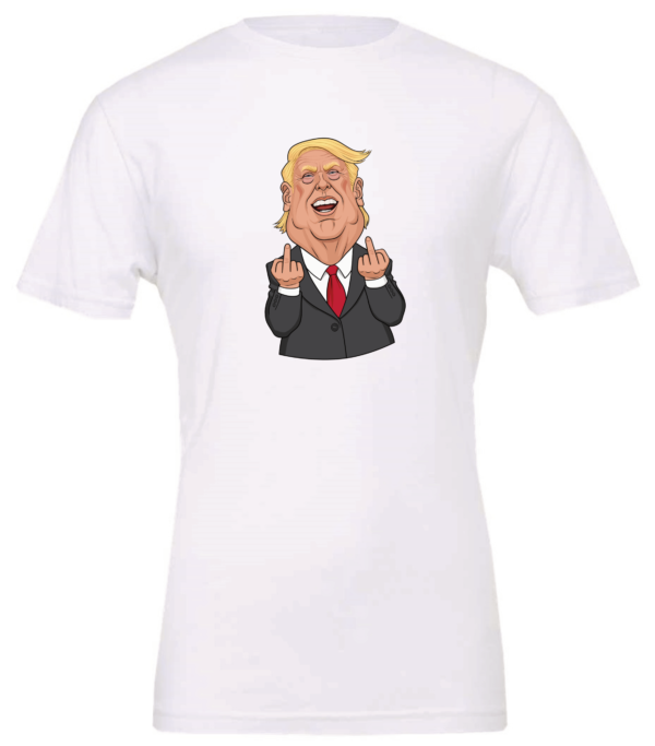 Donald Trump with middle fingers up and laughing t-shirt white