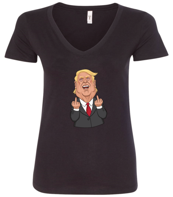 Donald Trump with middle fingers up and laughing v-neck black