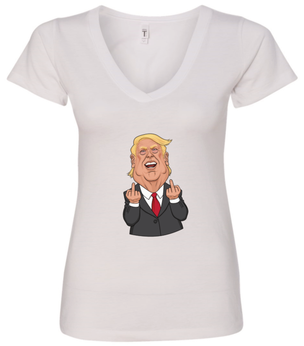 Donald Trump with middle fingers up and laughing v-neck white