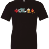 black t-shirt with 4 images lined up horizontally in the chest, with a cup of coffee, a camper, a beer and a fire
