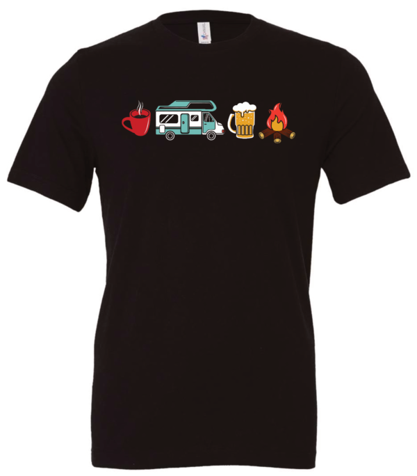 black t-shirt with 4 images lined up horizontally in the chest, with a cup of coffee, a camper, a beer and a fire