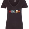 black v-neck t-shirt with 4 images lined up horizontally in the chest, with a cup of coffee, a camper, a beer and a fire