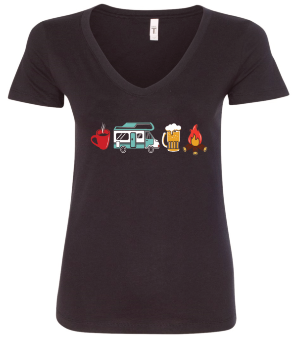 black v-neck t-shirt with 4 images lined up horizontally in the chest, with a cup of coffee, a camper, a beer and a fire