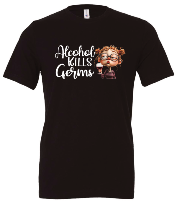 black alcohol t-shirt saying alcohol kills germs featuring a woman with glasses orange hair and a glass of wine in hand