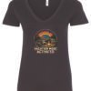black v-neck t-shirt with a racoon in the fire eating marshmallows in the night surrounded by trash saying vacation mode activated