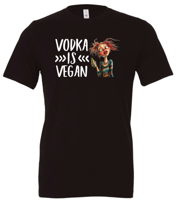 black alcohol t-shirt saying vodka is vegan featuring a disheveled skinny woman with red hair and green bottle in hand