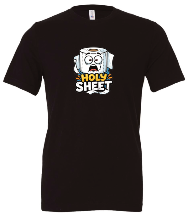 black t-shirt saying holy sheet with a toilet paper with a surprised face eyes and mouth open