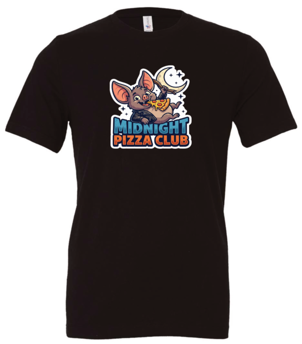 black t-shirt with a happy mouse eating a slice of pizza in the night saying midnight pizza club.
