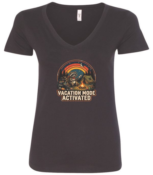 black v-neck t-shirt with a racoon in the fire eating marshmallows in the night surrounded by trash saying vacation mode activated