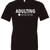 black t-shirt featuring a one star review to adulting