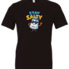 black t-shirt featuring a restaurant salt shaker with sunglasses and shoes saying stay salty