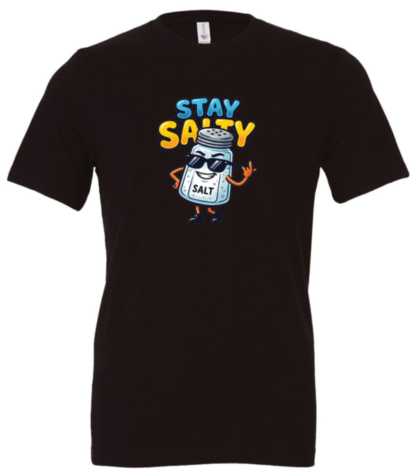 black t-shirt featuring a restaurant salt shaker with sunglasses and shoes saying stay salty