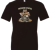 black t-shirt featuring a raccoon eating pizza in a trash can saying weekend status