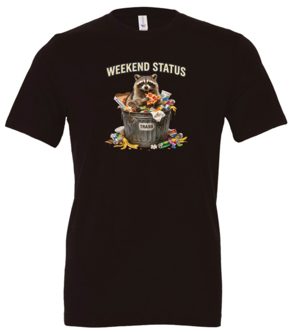 black t-shirt featuring a raccoon eating pizza in a trash can saying weekend status