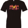 black t-shirt with 5 surfing tables with palm trees, the sun and a guy surfing printed on it
