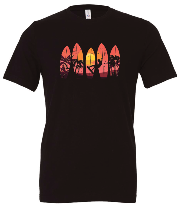 black t-shirt with 5 surfing tables with palm trees, the sun and a guy surfing printed on it