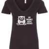 black v-neck t-shirt featuring an angry owl on a tree branch saying my patience needs patience