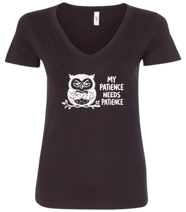 black v-neck t-shirt featuring an angry owl on a tree branch saying my patience needs patience