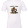 white t-shirt featuring a raccoon eating pizza in a trash can saying weekend status
