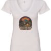 white v-neck t-shirt with a racoon in the fire eating marshmallows in the night surrounded by trash saying vacation mode activated