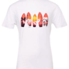 white t-shirt with 5 surfing tables with palm trees, the sun and a guy surfing printed on it