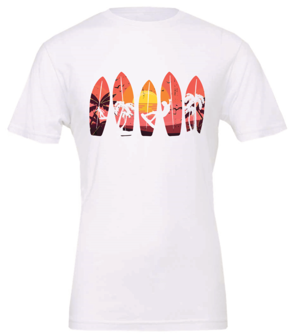 white t-shirt with 5 surfing tables with palm trees, the sun and a guy surfing printed on it