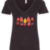 black v-neck t-shirt with 5 surfing tables with palm trees, the sun and a guy surfing printed on it