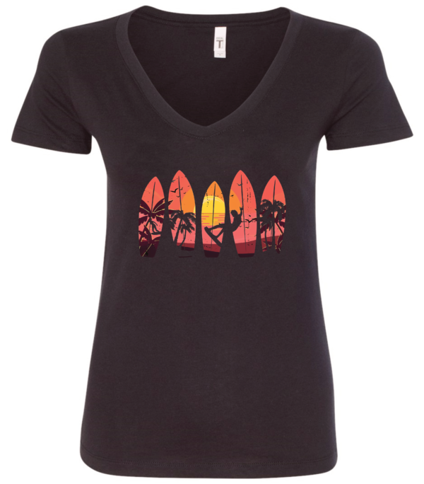 black v-neck t-shirt with 5 surfing tables with palm trees, the sun and a guy surfing printed on it