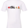 white t-shirt with 4 images lined up horizontally in the chest, with a cup of coffee, a camper, a beer and a fire