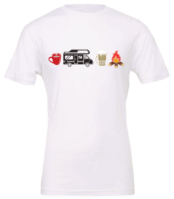 white t-shirt with 4 images lined up horizontally in the chest, with a cup of coffee, a camper, a beer and a fire