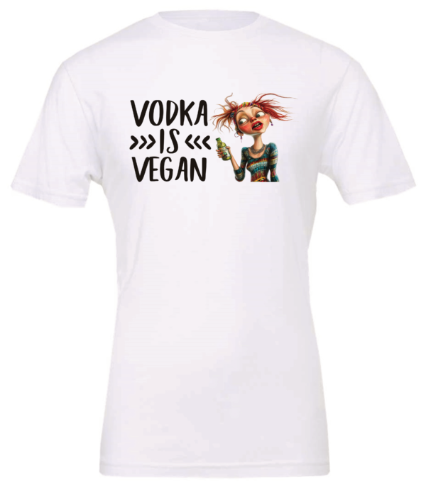 white alcohol t-shirt saying vodka is vegan featuring a disheveled skinny woman with red hair and green bottle in hand