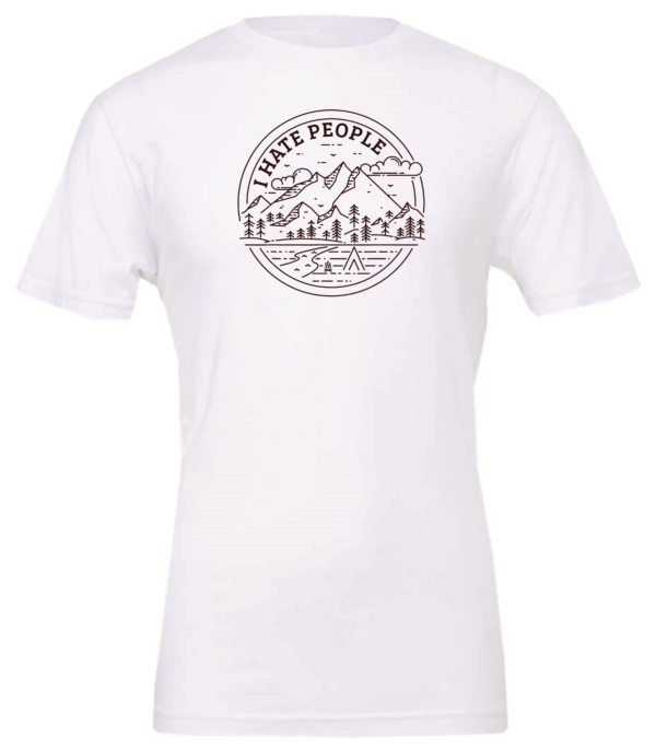 white t-shirt saying i hate people in a mountain road
