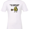 white t-shirt saying i'm not a morning person or a people person featuring a mad avocado holding a cup of coffee, that says fueled by sarcasm and exhaustion